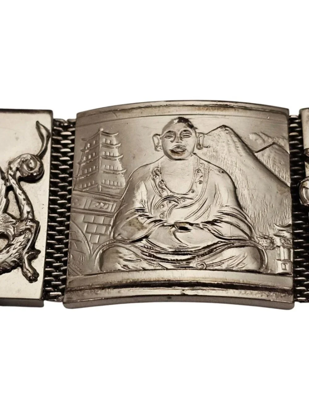 Whiting & Davis Silver Tone Asian Themed Dragon Storyteller Hinged Bracelet J845